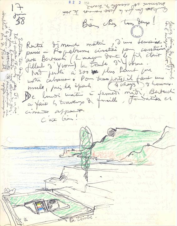 Письмо Ле Корбюзье к матери и брату Альберту с эскизами водопада из Roquebrune-Cap-Martin, 17 июня 1958