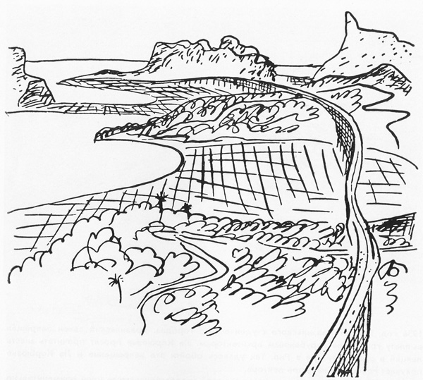 Эскиз трассировки автодороги, проходящей на высоте 100 метров вдоль берега. Ле Корбюзье. Творческий путь / Le Corbusier. Textes et planches