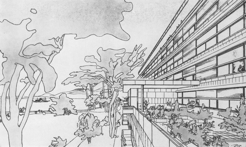 Ле Корбюзье / Le Corbusier. Конкурсный проект здания Лиги Наций в Женеве, Швейцария. 1927. Перспектива с озером