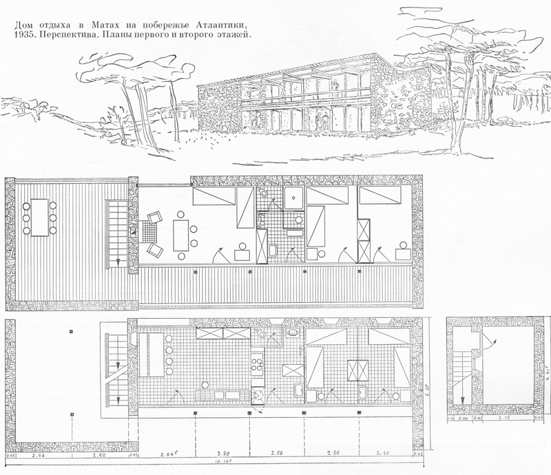 Ле Корбюзье / Le Corbusier. Вилла Le Sextant, Les Mathes, Франция. 1935. Перспектива. Планы первого и второго этажей