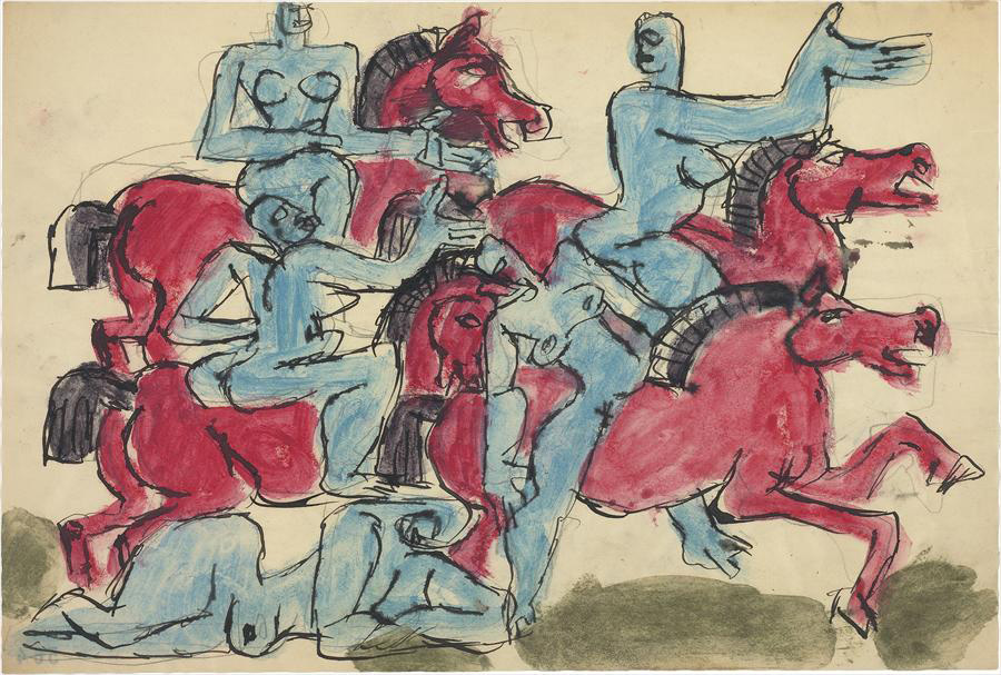 Ле Корбюзье / Le Corbusier, Chevaux rouges et cavalières bleues, au bas femme bleue couchée, 1936