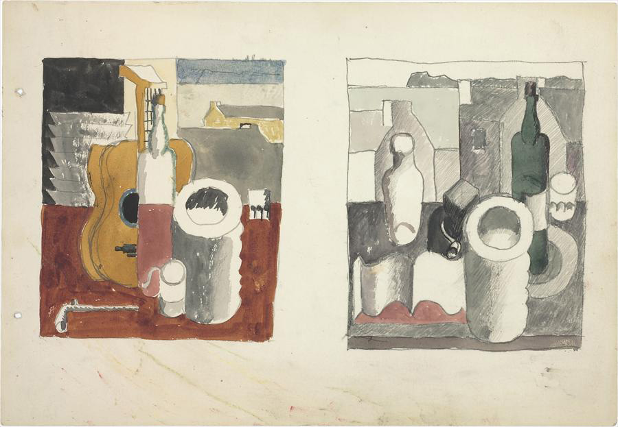 Ле Корбюзье / Le Corbusier, Deux études - L'une violon vertical, pile d'assiettes, verre, pipe et maison - L'autre pile d'assiettes, pipe et maison, 1920