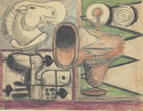 Ле Корбюзье / Le Corbusier, Etude pour "Nature morte" avec verre et carte à jouer. Tête de cheval en haut à gauche, 1933