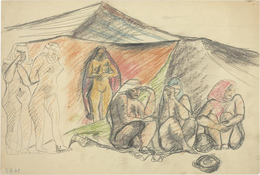 Ле Корбюзье / Le Corbusier, Trois femmes debout, trois femmes accroupies devant tente, 1930