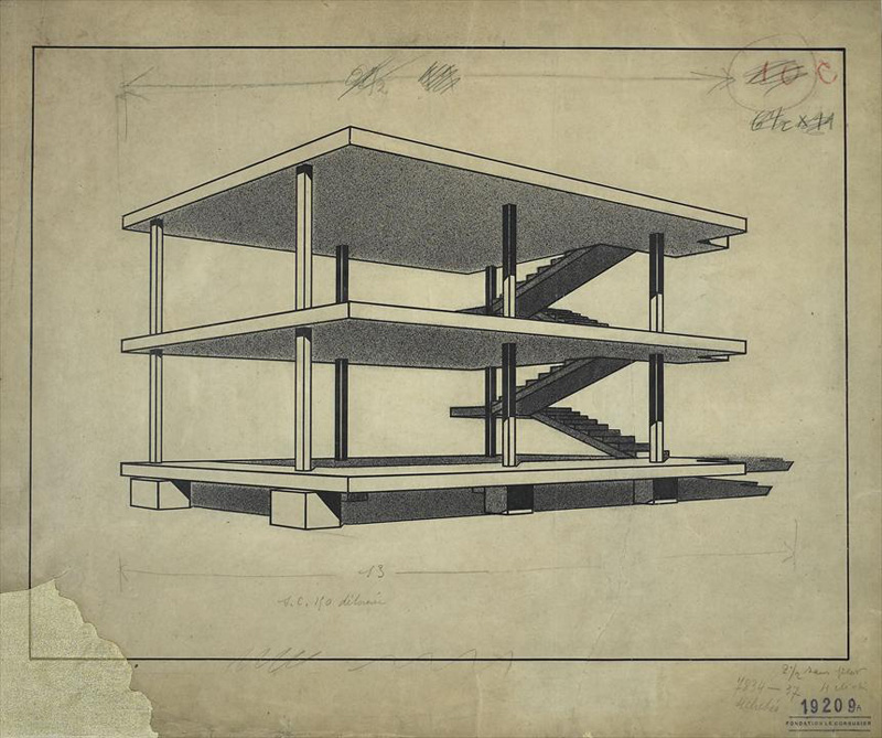 Ле Корбюзье / Le Corbusier. Проект «Дом-ино» (Dom-Ino). Жилой дом свободной планировки со стандартным каркасом для серийного производства. 1914