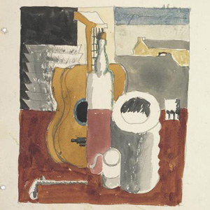 Deux études - L'une violon vertical, pile d'assiettes, verre, pipe et maison - L'autre pile d'assiettes, pipe et maison, 1920