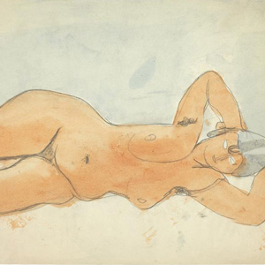 Femme couchée, fond bleu ciel, bras croisés derrière la tête, 1930
