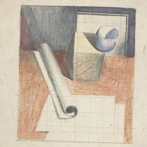 Nature morte puriste: bol, cube, papier à plat et roulé, 1919