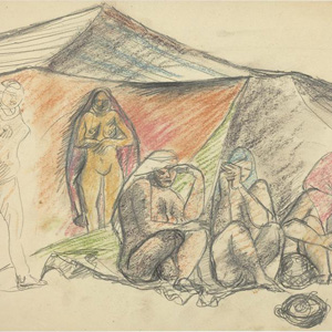 Trois femmes debout, trois femmes accroupies devant tente, 1930