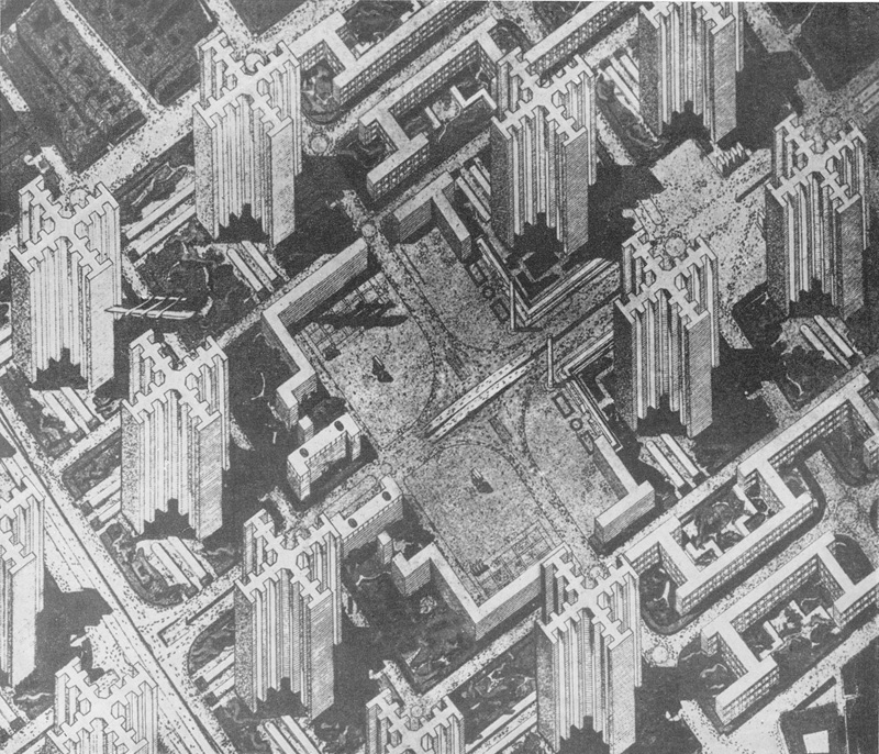Ле Корбюзье / Le Corbusier. «План Вуазен» (Plan Voisin). Проект реконструкции центра Парижа. 1925. Аксонометрия