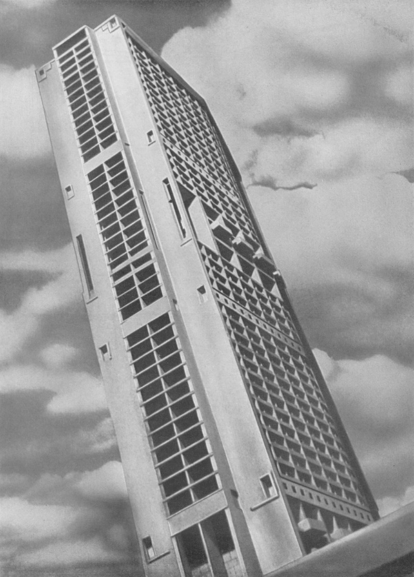 Ле Корбюзье / Le Corbusier. Проект небоскреба в реконструируемом деловом приморском районе. г. Алжир, Алжир. 1938—1942. Макет  на фоне облаков