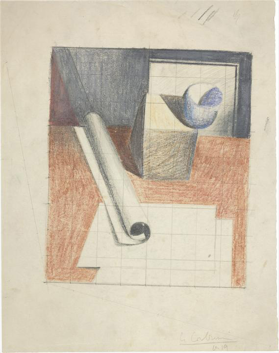 Ле Корбюзье / Le Corbusier, Nature morte puriste: bol, cube, papier à plat et roulé, 1919