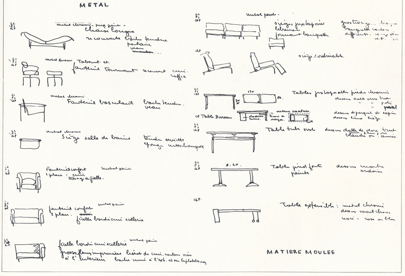 Перечень металлической мебели, спроектированной Ле Корбюзье, Пьером Жаннере и Шарлоттой Перриан (у каждого образца — инициалы автора)